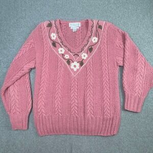 Melbourne Country Clothing Company Floral Cable Knit Sweater Women's Size M Pink